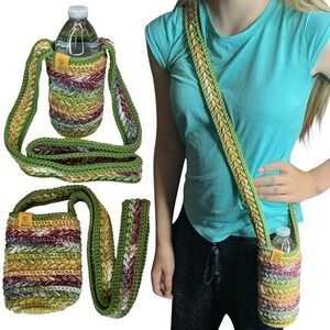 Handmade Multicolor Crochet Water Bottle Holder Bag Wheat Stitch Boho Crossbody